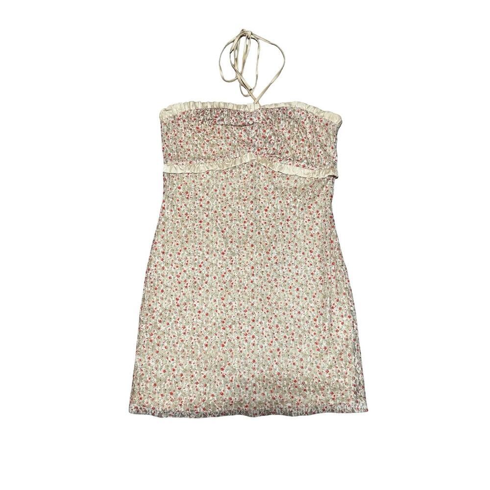 Blue Blush Floral Halter Mini Dress Tie Neck Size Medium